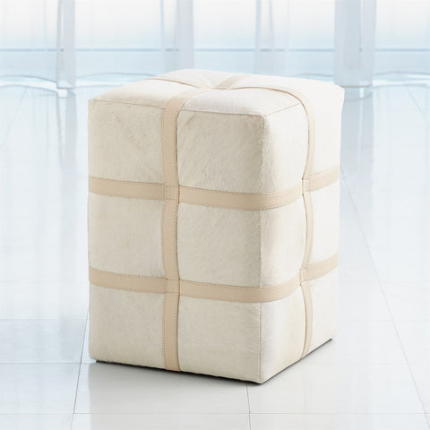 BELTED POOF-IVORY HAIR ON HIDE LEATHER - Hedi's Furniture